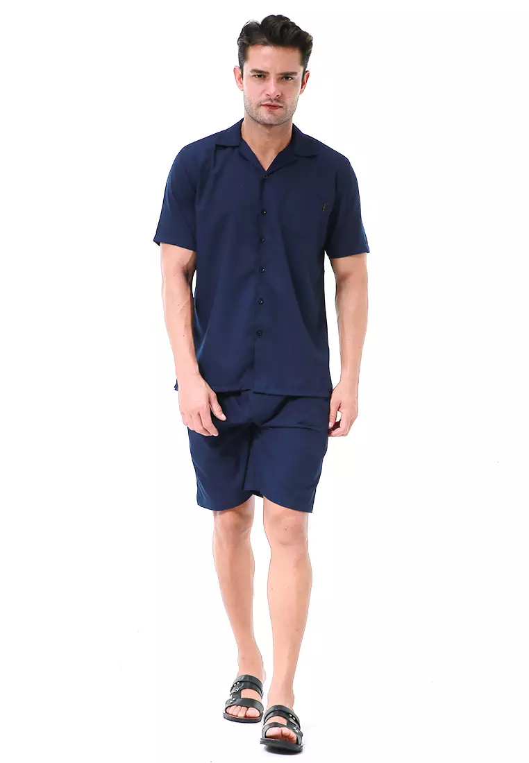 Deon Piyama Pria Plain Motive Kemeja One Set Lengan Pendek Material Cotton ORIGINAL - Navy