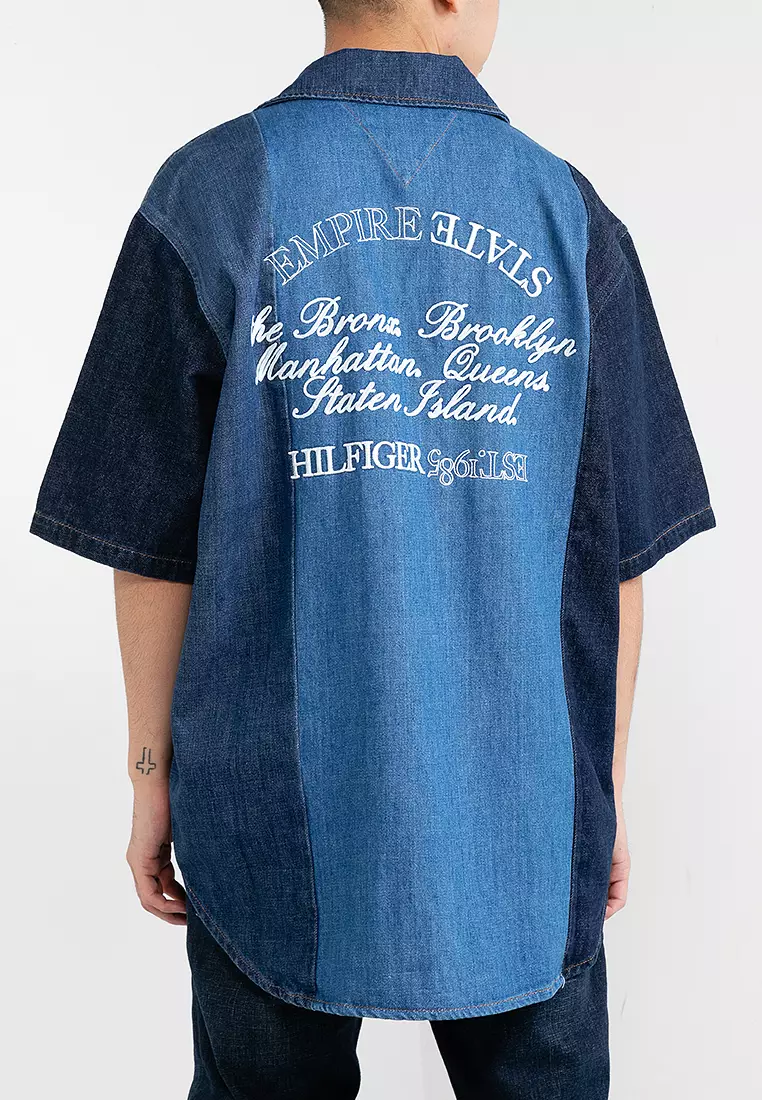 シャツ Kant Fake Denim Stitch Short Sleeve Shirt (2color) Short denim shirt in a boxy fit - Blue | SCAYLE