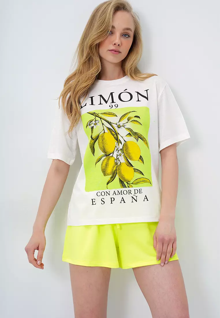 Women's Lemon Yellow Lemon Printed Cotton Basic T-Shirt And Shorts Pajama Set Pjm-X13903
