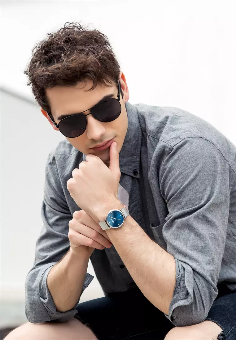 Men Watch 38.2mm Simple Business Silver Stainless Steel Mesh Strap And Case Blue Dia-Silver