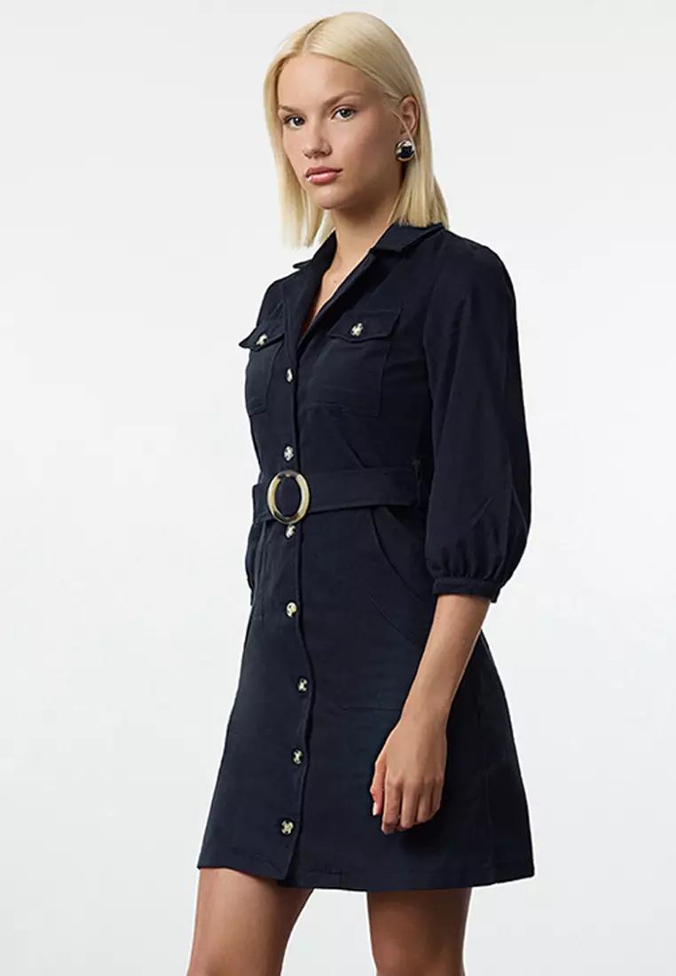 Navy Blue Straight Belted Jacket Mini Button Detailed Woven Dress TWOAW20EL1156