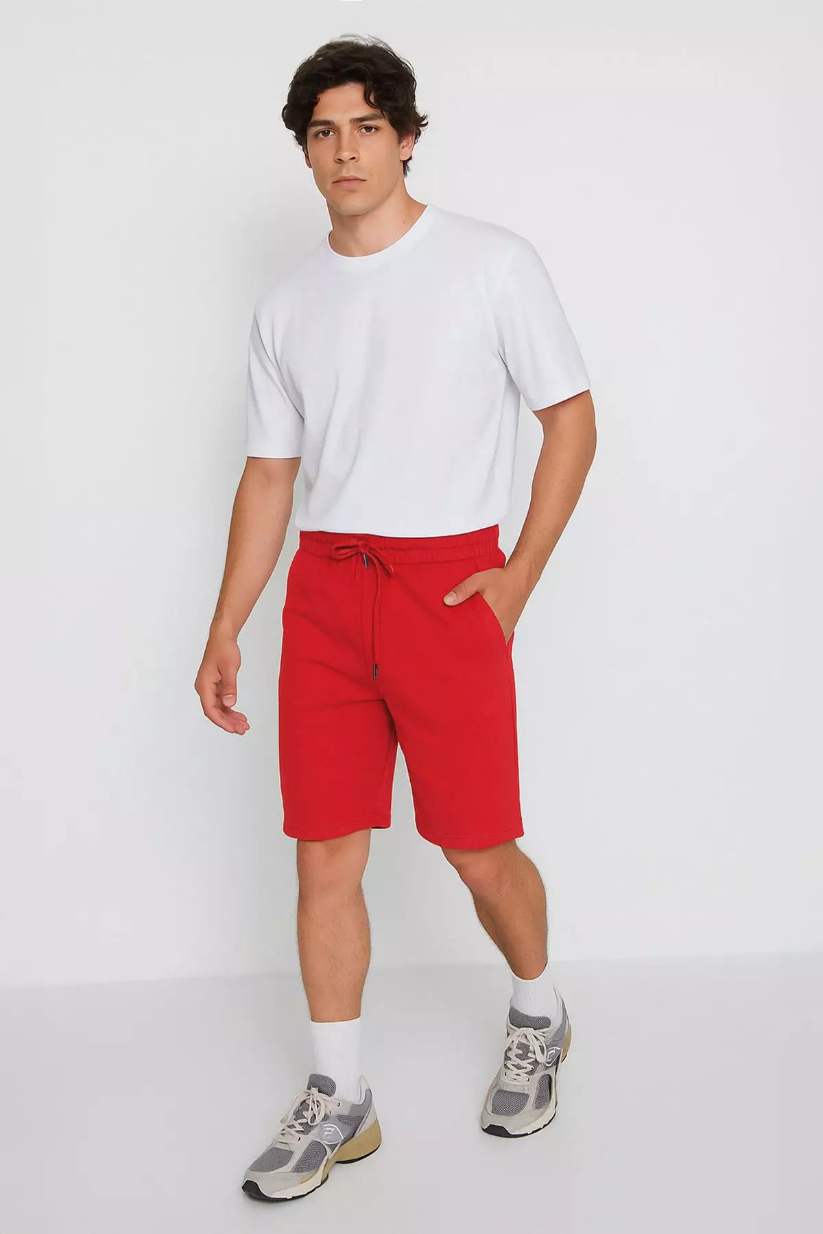 Red Basic Regular Mid Length/Normal Cut Straight Shorts TMNSS20SR0068