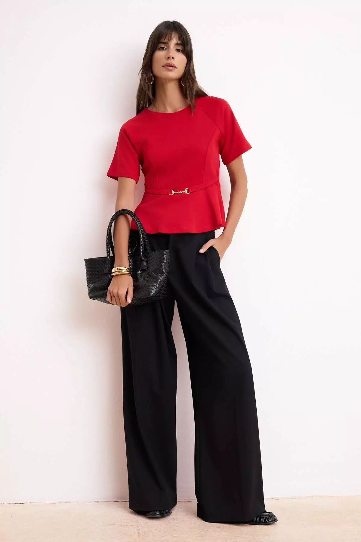 Red Peplum Raglan Sleeve Short Sleeve Accessory Detailed Interlock Knitted Blouse Twoss26Bz242
