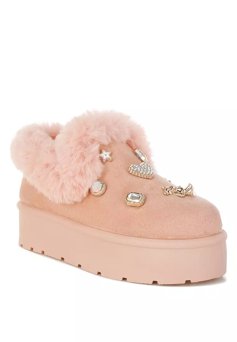 Charm Detail Slip On Snow Boots In Pink