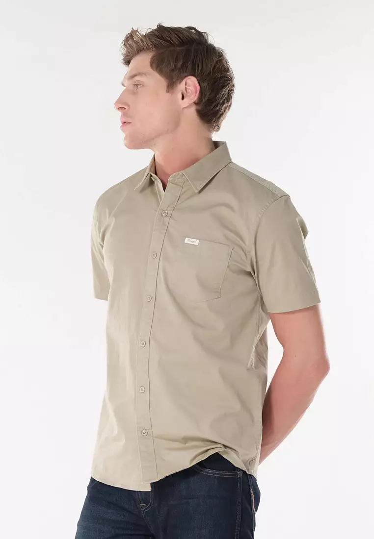 Button Down Short Sleeve Polo for Men in Light Khaki Color