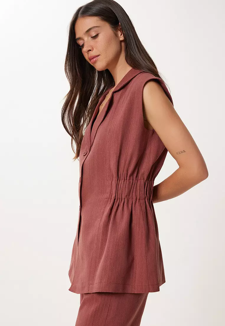 Women's Burgundy Linen Vest Pants Suit No00025