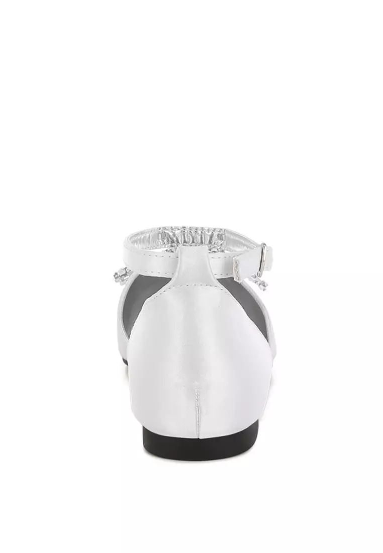 Rhinestone Detail Bow Flat Sandals in White