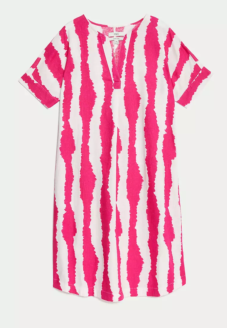 Jual Marks Spencer Linen Rich Printed V-Neck Shift Dress