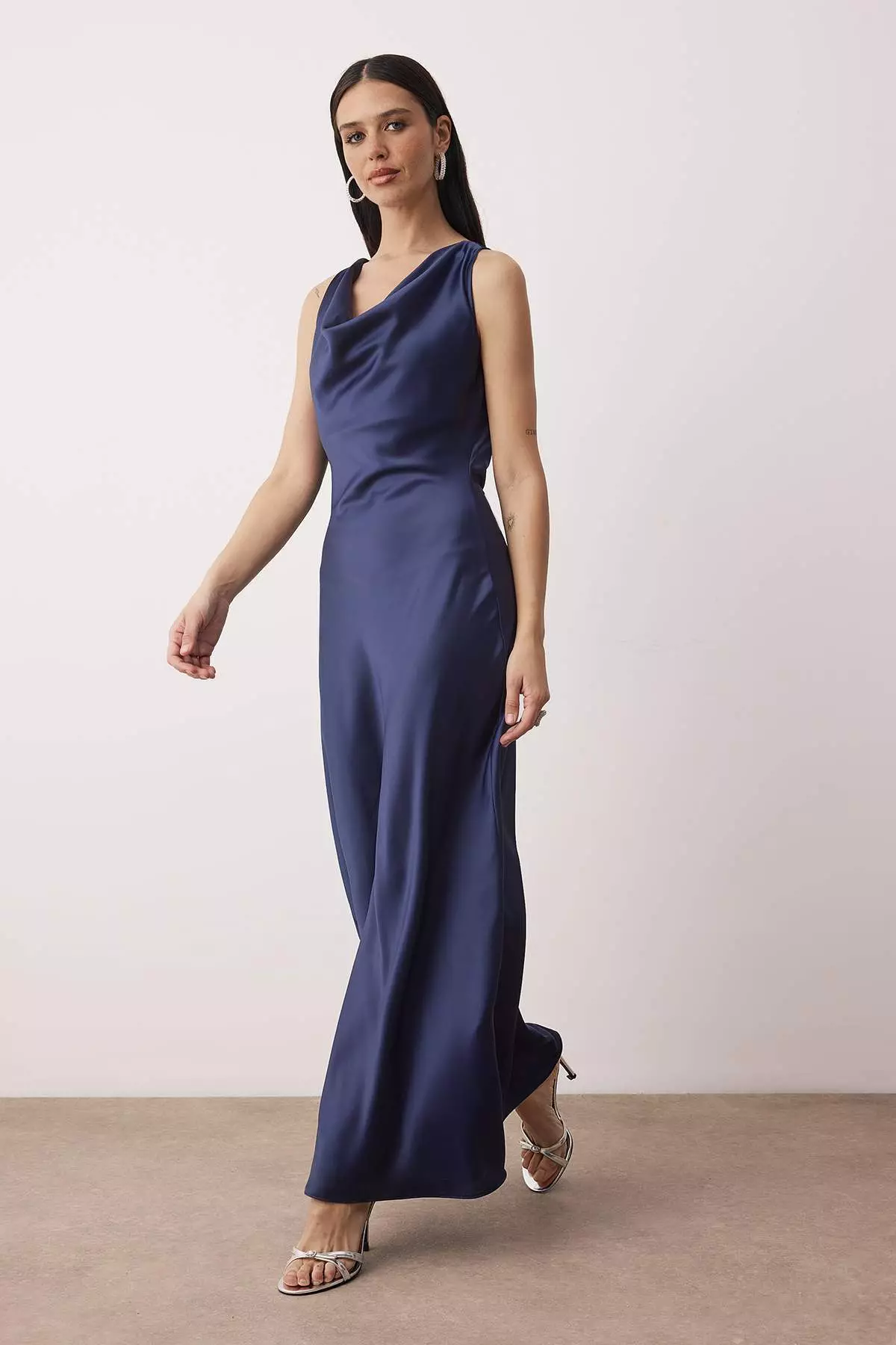 Navy Blue A-Line Degaje Collar Satin Maxi Stylish Dress Tprss25El318