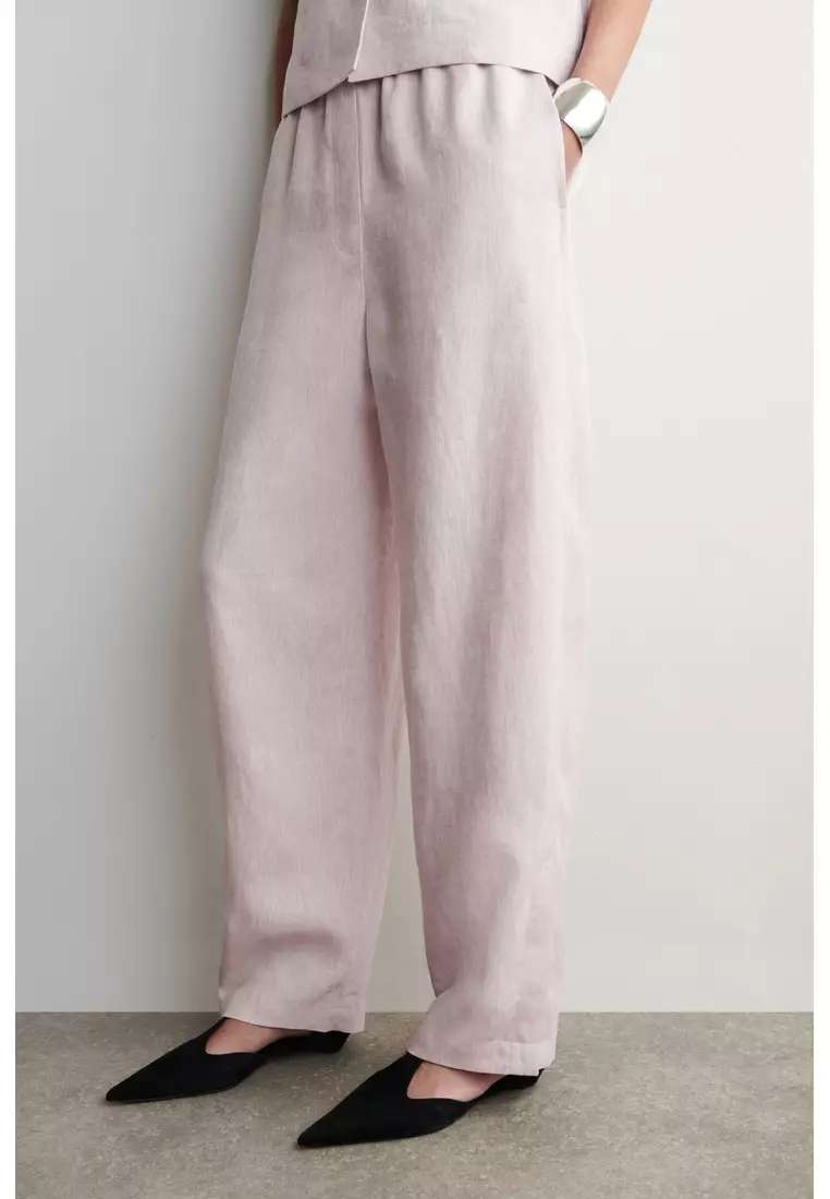 ELASTICATED LINEN BARREL-LEG TROUSERS