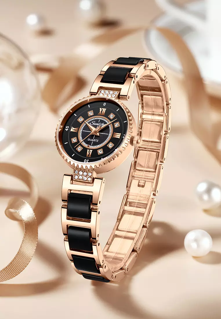 Jam Tangan Wanita Original 8013 Korea Santai Berlian Anti Air Tali keramik Jam Tangan Cewek roseblack