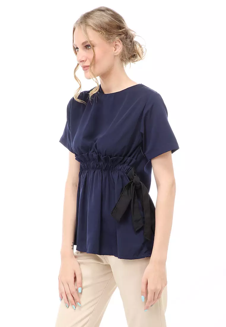 Cheva Blouse Atasan Wanita Kasual Pinggang Karet Pita Ikat Simple Material Wolfis ORIGINAL - Navy