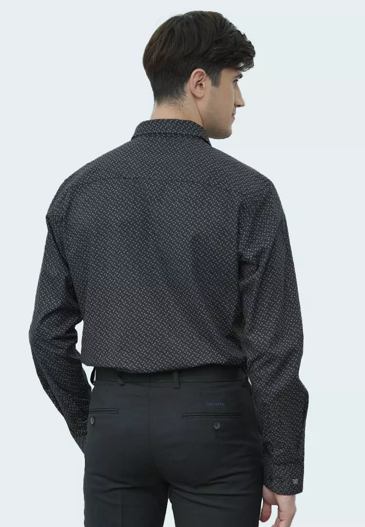 Johnwin - Kemeja Formal - Kemeja Motif Lengan Panjang RegularFit Hitam