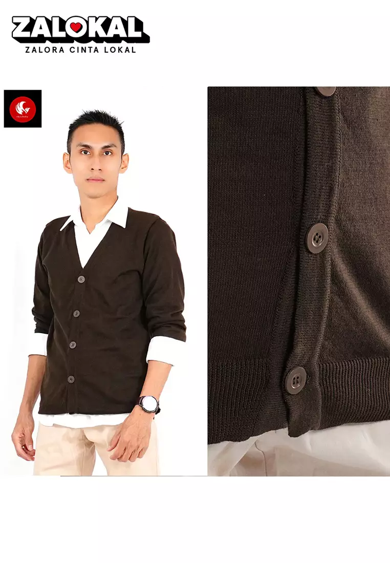 RICO Cardigan Rajut V Neck Fashion Korea Kardigan Pria Leher V - KOPI