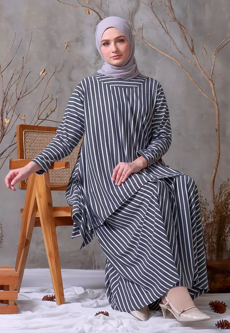 JV Hasanah Oneset Simple Stripes Darkgrey | Setelan Rok Salur Layer Kanan Kiri