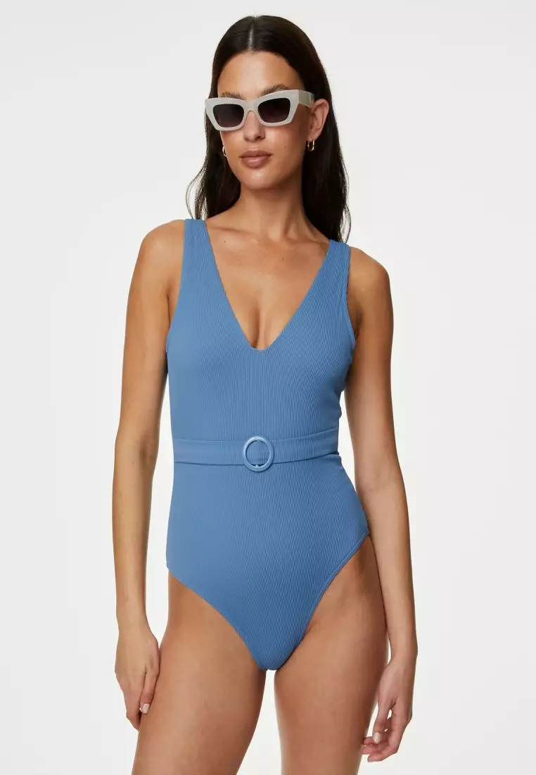 Buy MARKS SPENCER Ribbed Padded Belted Plunge Swimsuit 2025