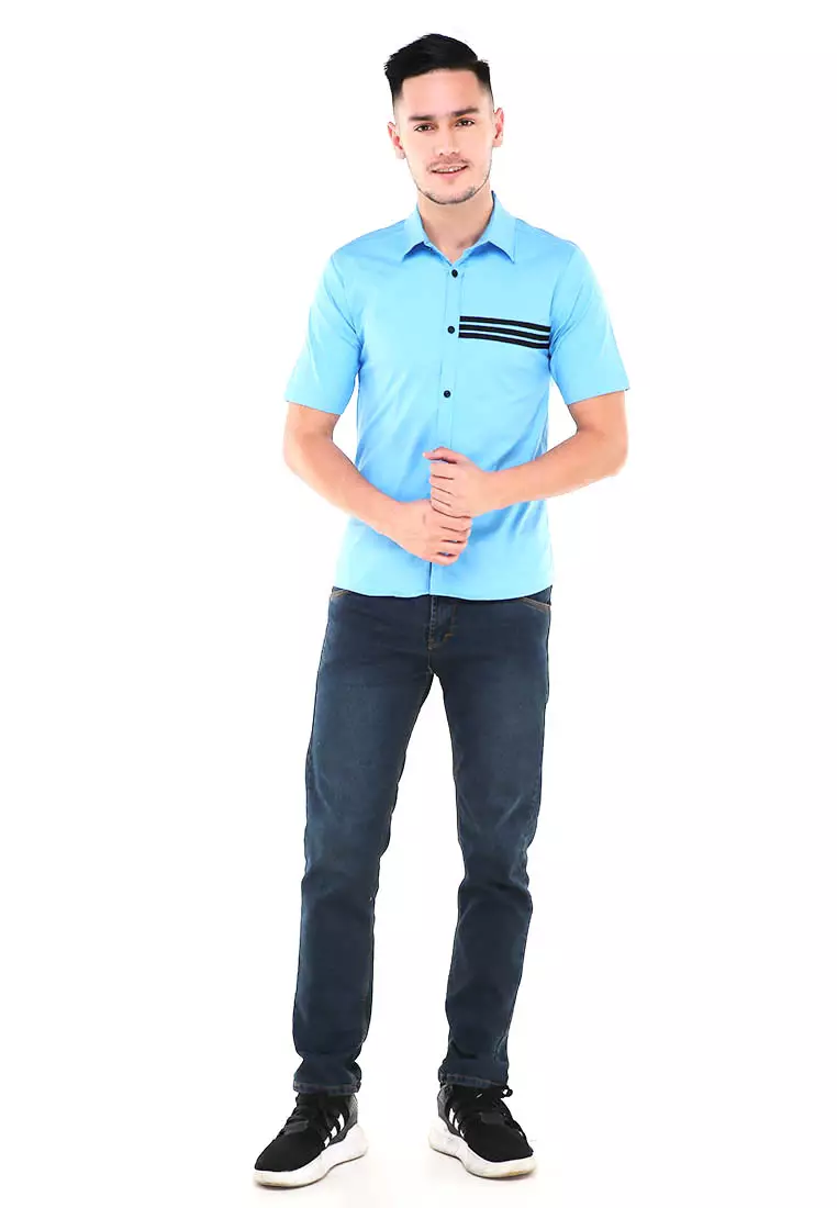Dwan Atasan Kemeja Pria Three Lines Slim Fit Casual Shortsleeve Shirt Material Cotton ORIGINAL - Blue