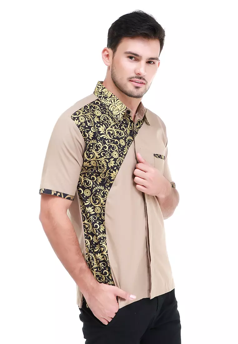 Dwan Kemeja Batik Pria Right Side Atasan Formal Shortsleeve Shirt Material Cotton ORIGINAL - Cream