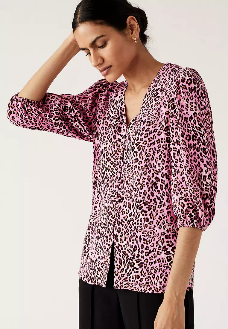 Animal Print V-Neck 3/4 Sleeve Blouse