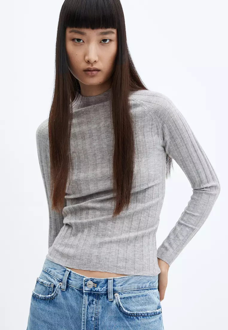 Buy Mango High Collar Ribbed Knit Sweater in Light Pastel Grey 2024 Online