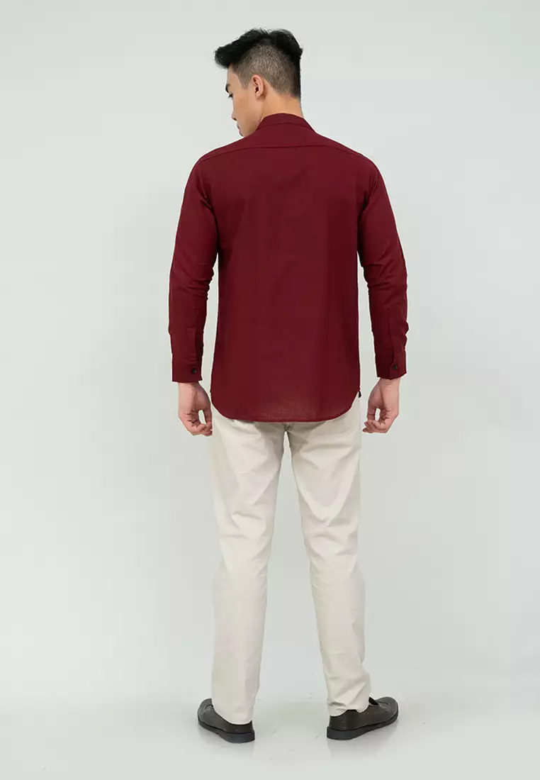 Houseofcuff kemeja Koko Lengan Panjang Pria Maroon