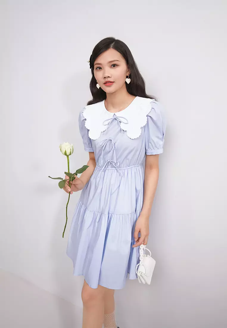 Contast Collar Tiered Mini Dress