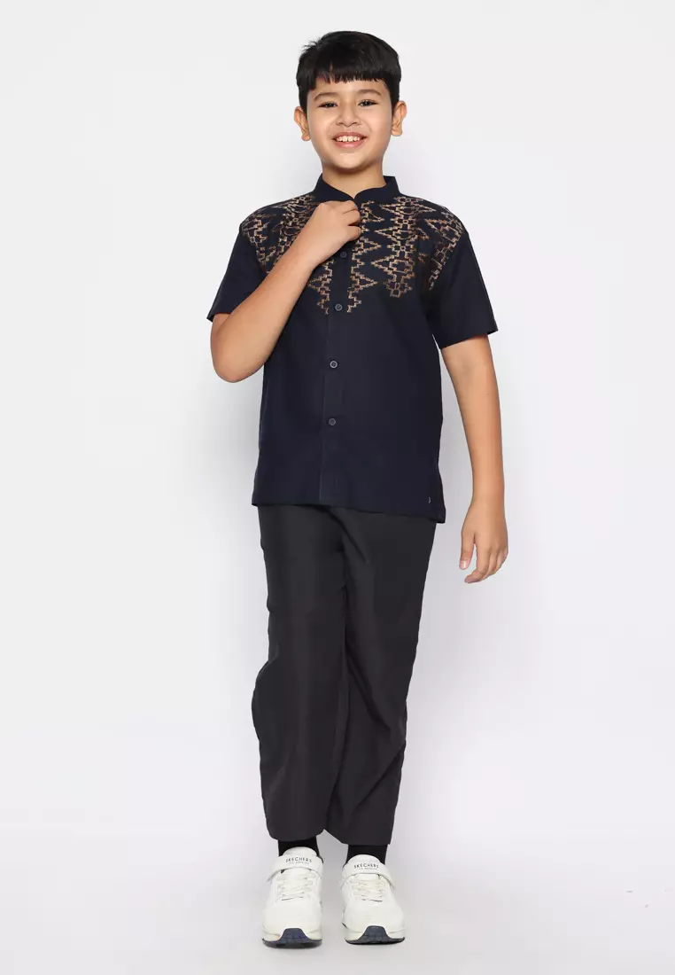 Baju Koko Set Anak Laki Bordir Vertical Navy - GENUINE