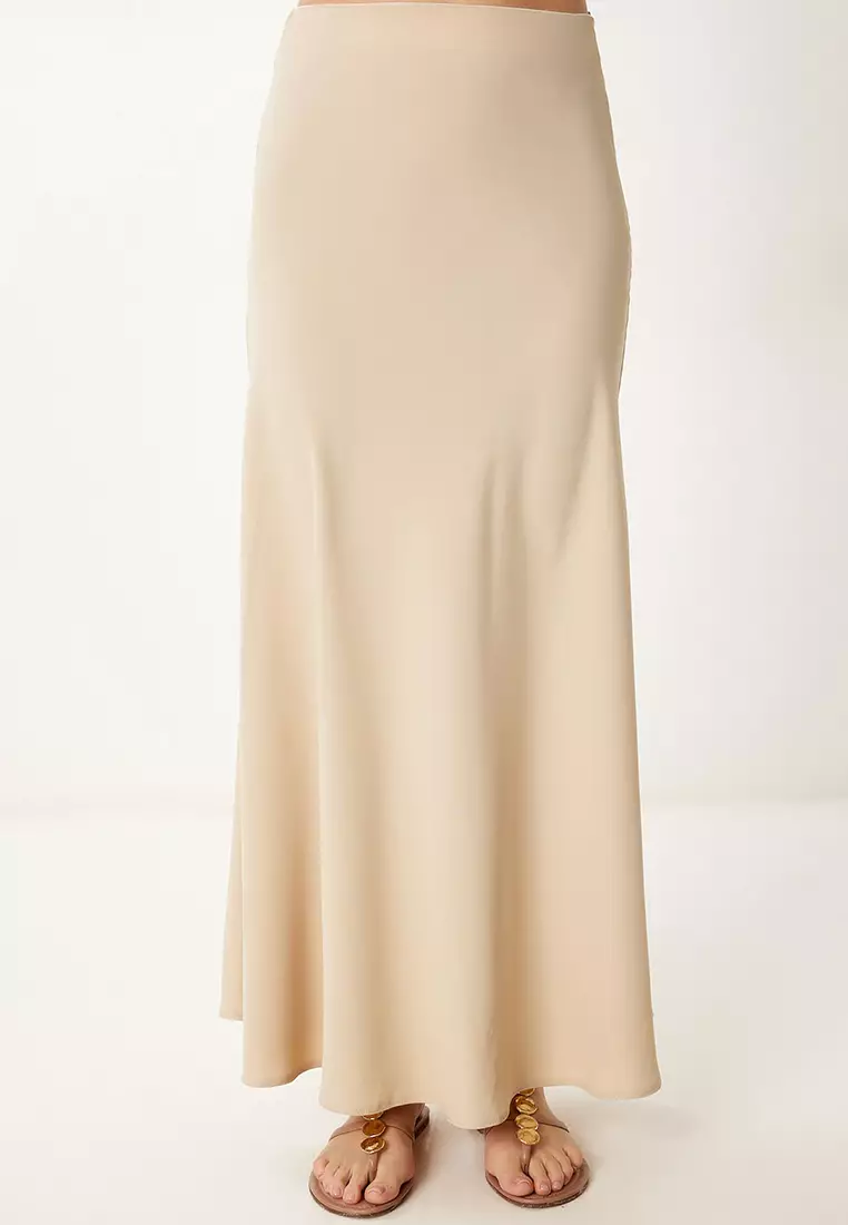 Women's Beige A-Line Draped Long Woven Skirt Gk00019