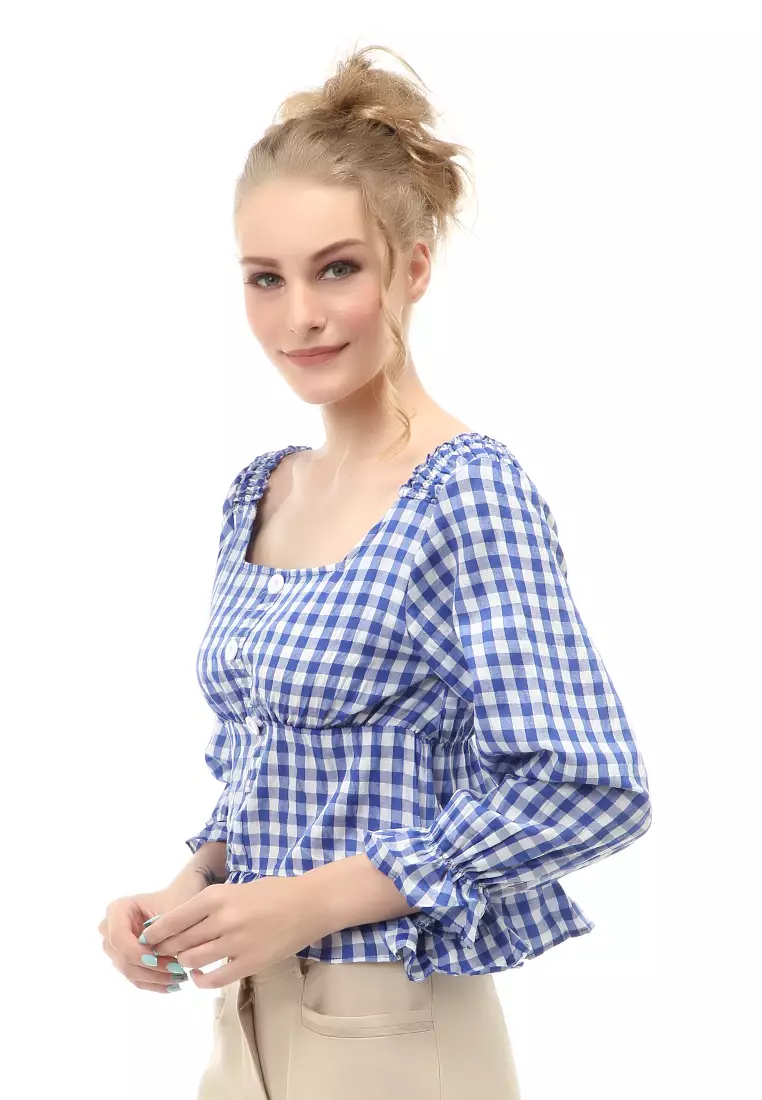 Cheva Top Blouse Atasan Wanita Kasual Motif Kotak Material Cotton ORIGINAL - Blue