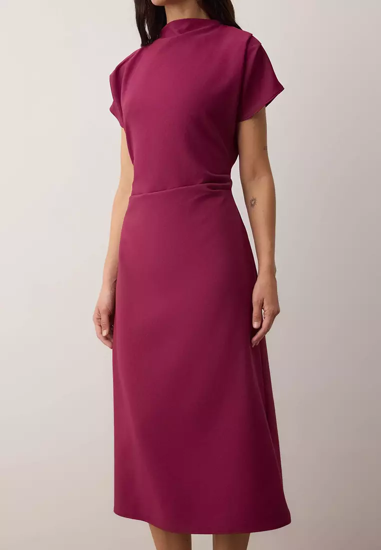 Dark Purple Straight A-Line Shirring / Drape Midi Woven Dress Twoaw25El393