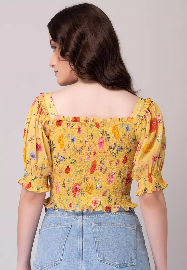 Yellow Floral Print Smocked Top