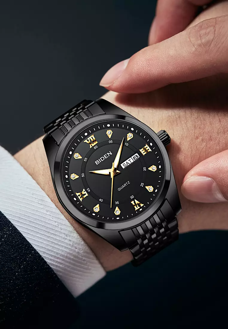 Jam Tangan Pria Original Kalender Luminous Luxury Tali Stainless Steel Jam Tangan Cowok hitam