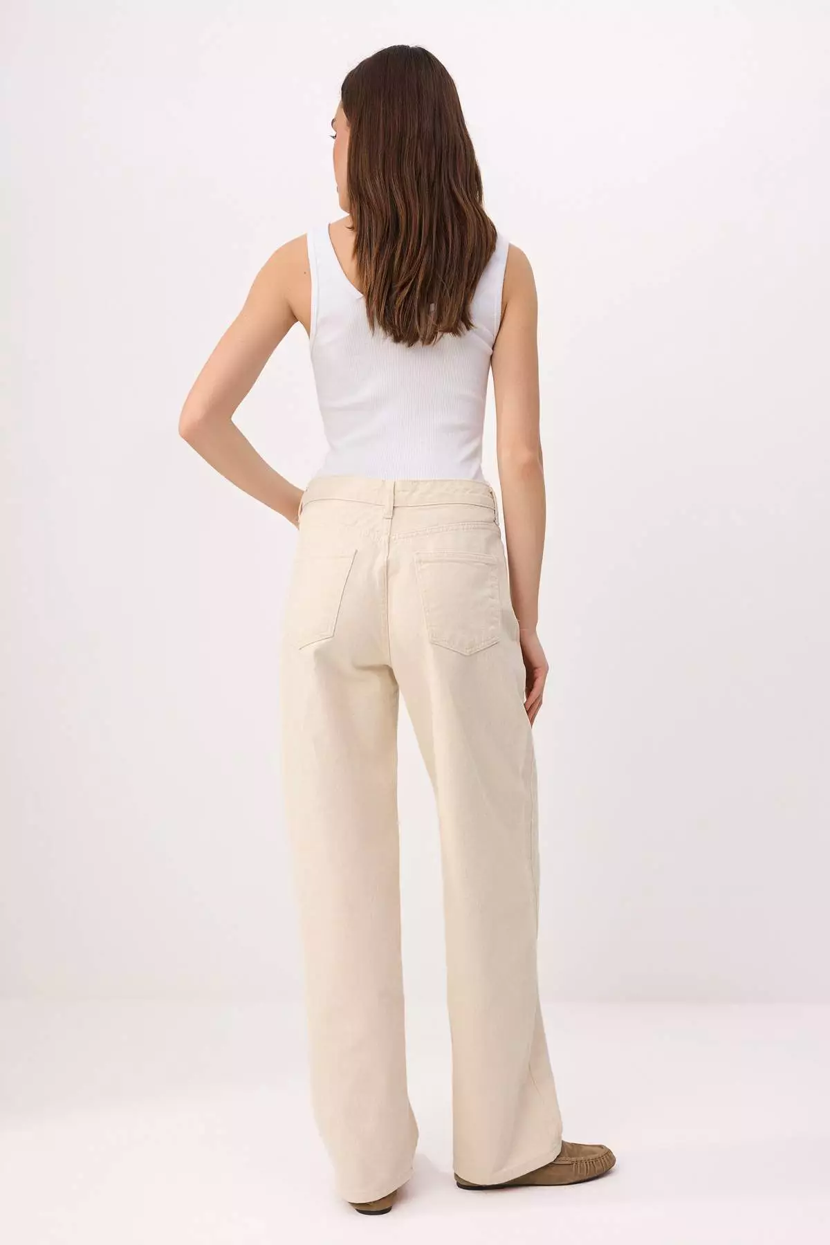 Ecru High Waist Baggy 1% Cotton Non-Stretch Jeans Twoaw25Je13
