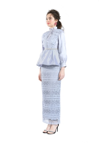 Buy Clary Ice Peplum Blouse with Lace Skirt from Hernani in Grey and Blue at Zalora
