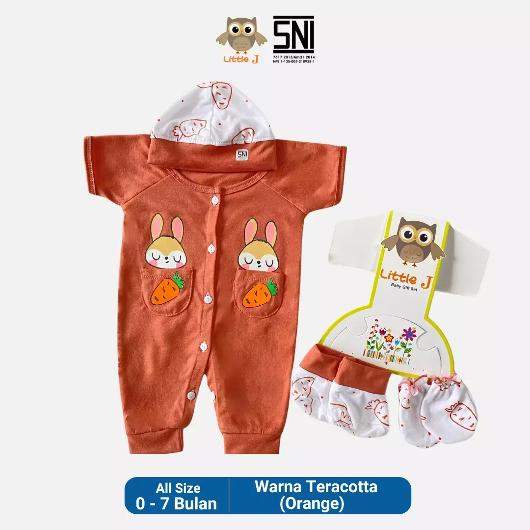 Little J - Bunny Carrot Dusty Blue Jumpsuit -Romper Set Baby 4 in 1 Bayi Laki laki Bayi Perempuan ( Sarung tangan,Sarung Kaki,Topi,Baju)