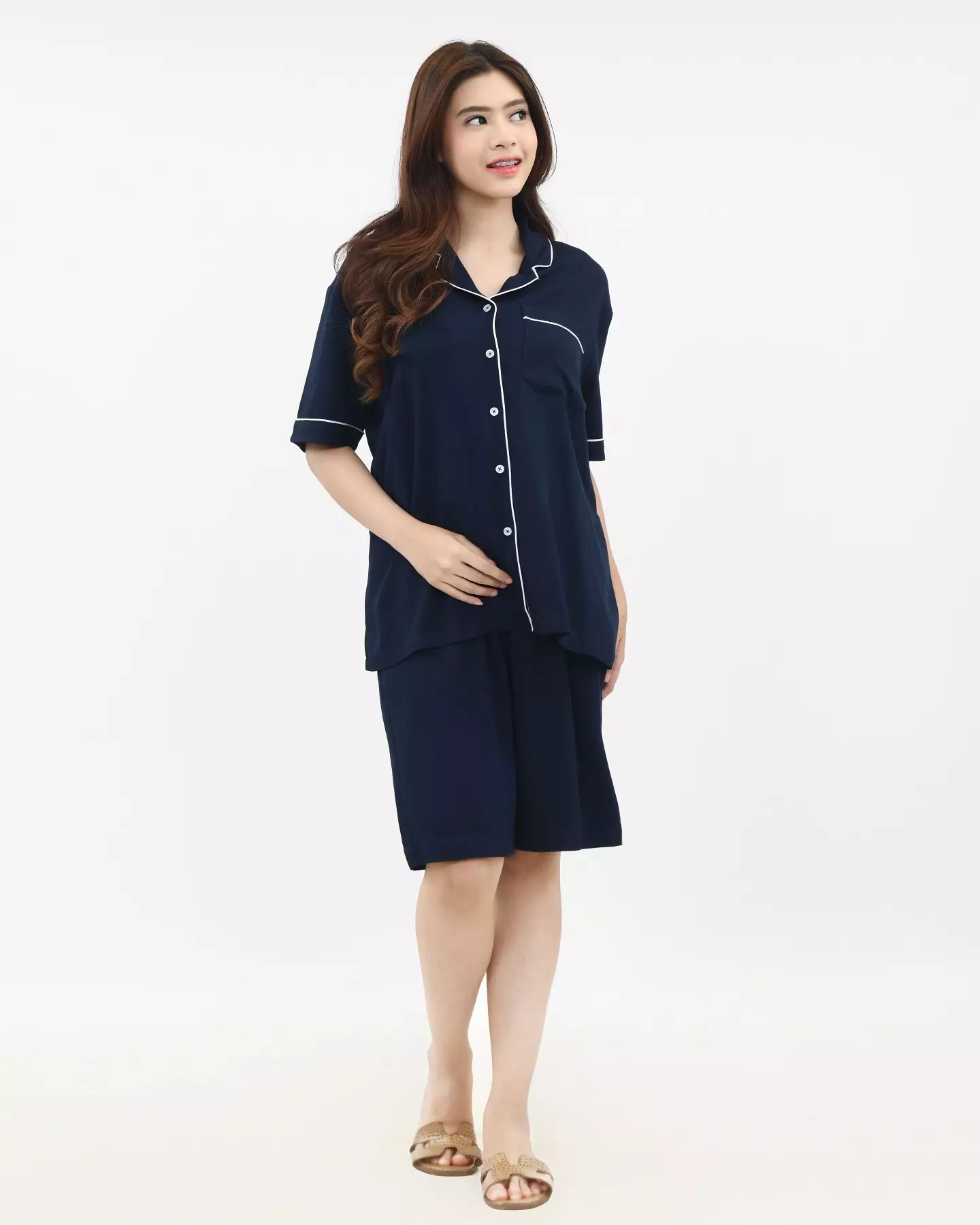 Setelan Piyama Katun Wanita Keisha [BIRU NAVY] SIZE L-XXL Baju Tidur Short Sleeve Short Pants Plain Sleepwear