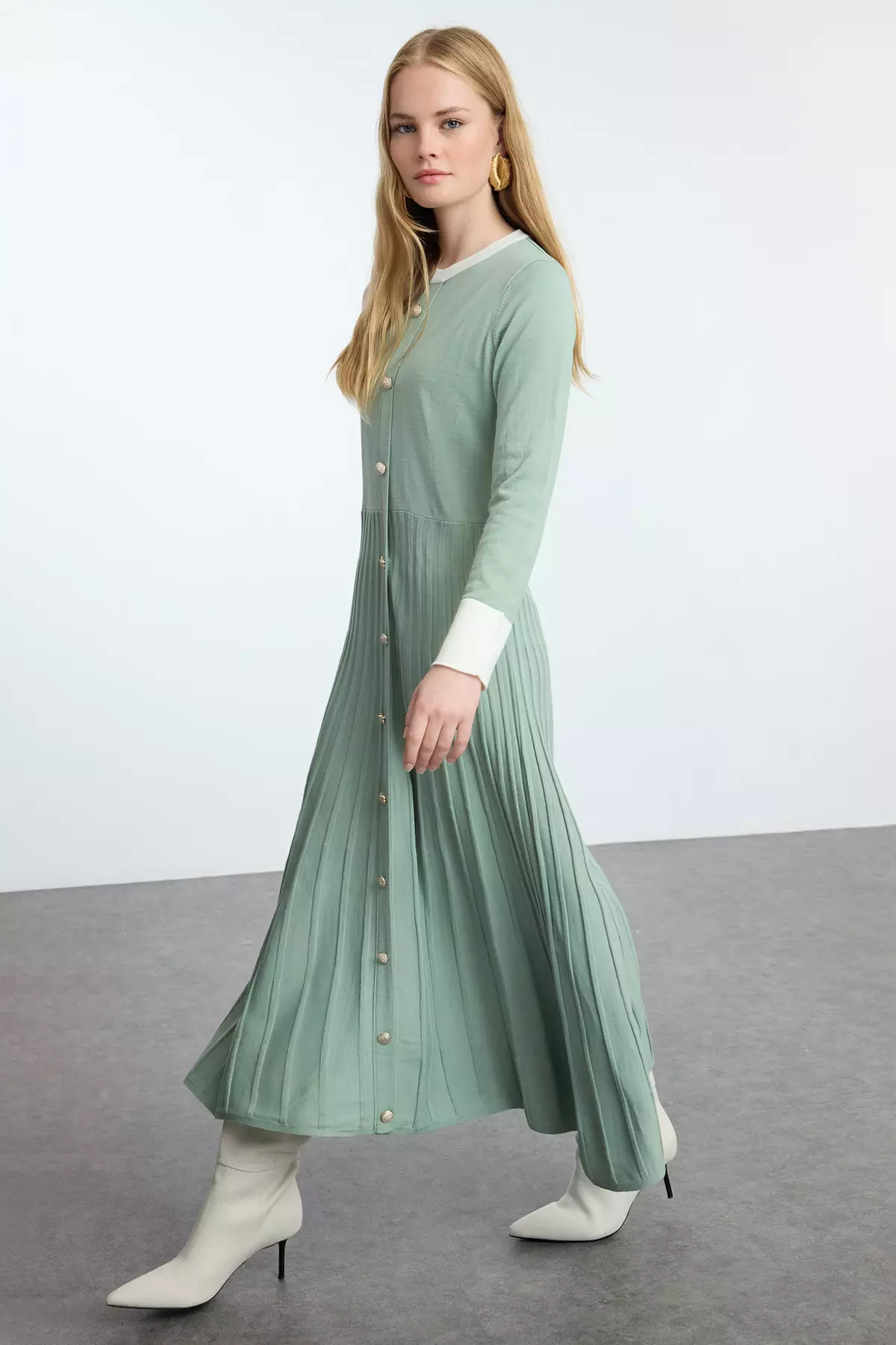 Color Blocked Mint Pleated Knitwear Dress - Tctaw25Eb00092