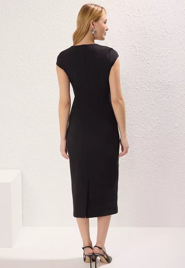 Black Belted Plain Bodycon Midi Woven Dress