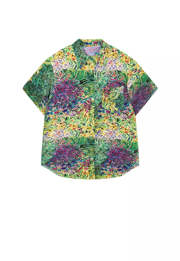 混纺图案元素花型宽松短袖衬衣