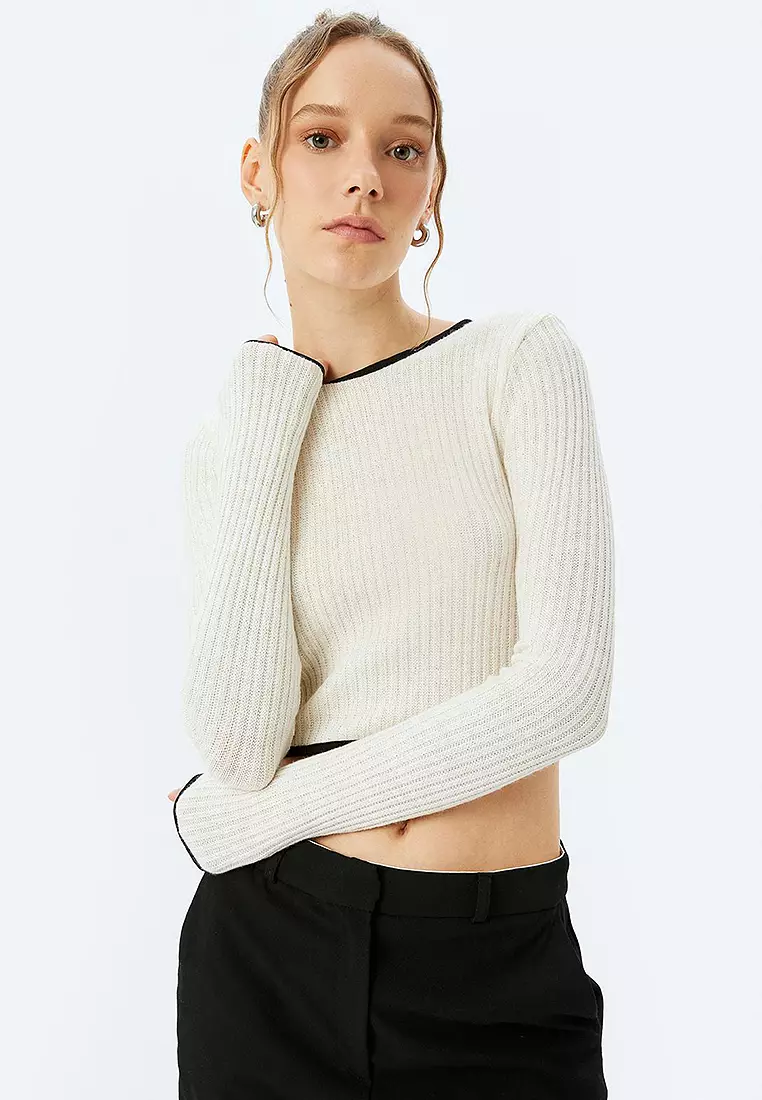 Crop Crew Neck Trim Textured Long Sleeve T-Shirt