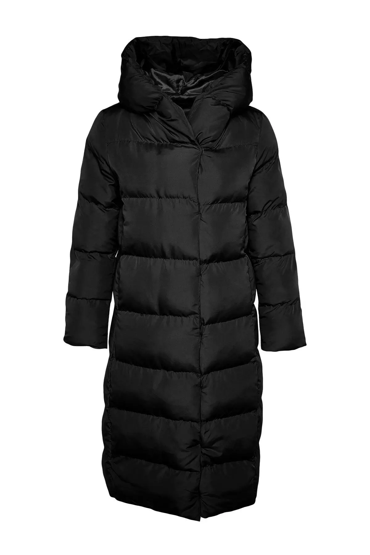 Black Regular Fit Side Snap Closure Water Repellent Long Inflatable Coat Twoaw24Mo00044