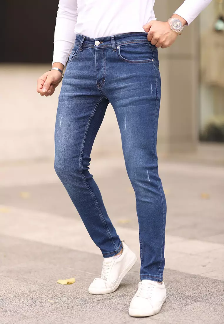 Navy Blue Skinny Ribbed Jeans TMNAW25JE00013