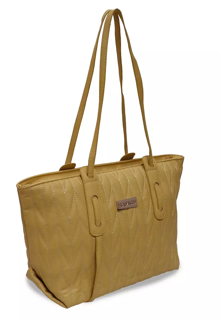 Laura Tas Kerja Wanita Tote Bag Motif Polos Large Compartment Material Leather ORIGINAL - Yellow