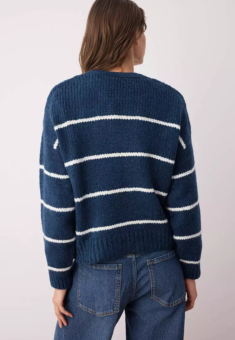 Navy Blue*001 Wide Fit Soft Textured Striped Basic Knitwear Sweater