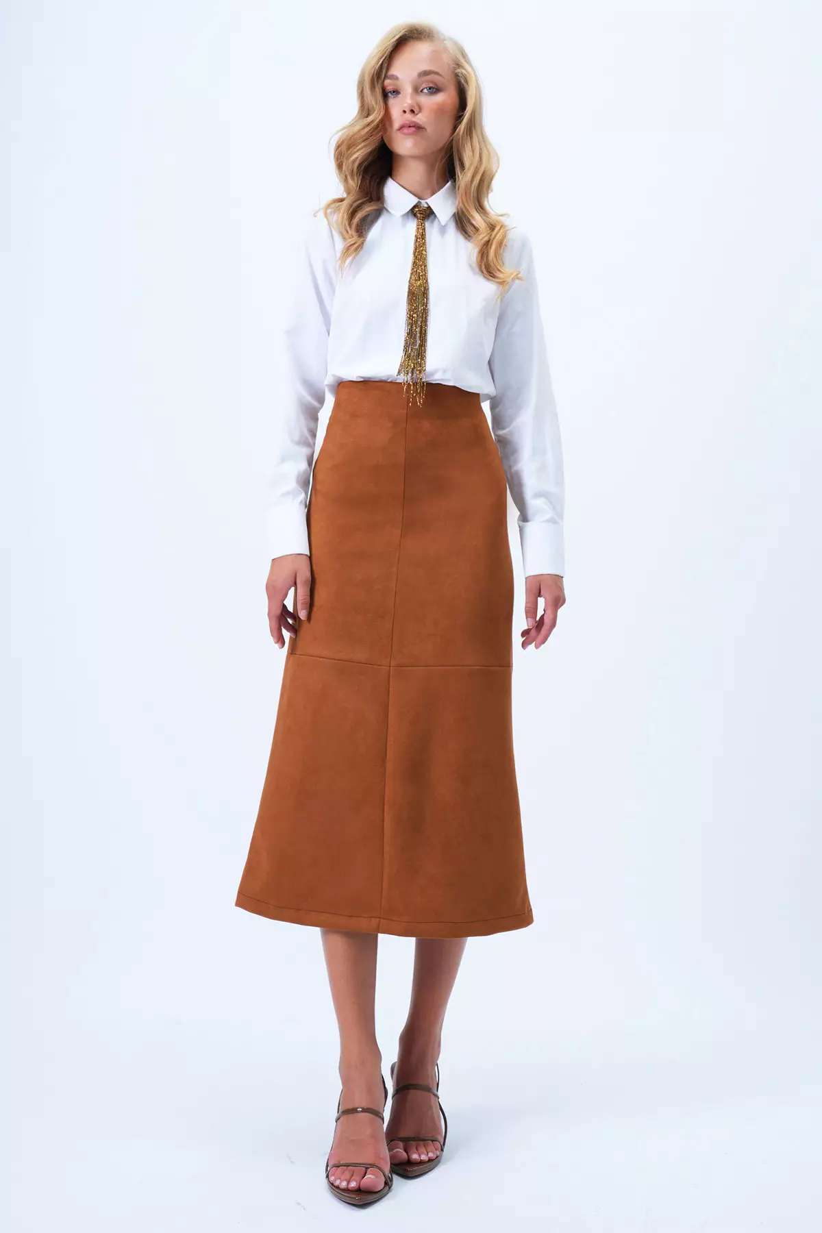 Women's Tan Hidden Zippered Stitch Detailed Faux Suede Maxi Skirt Alc-X14407