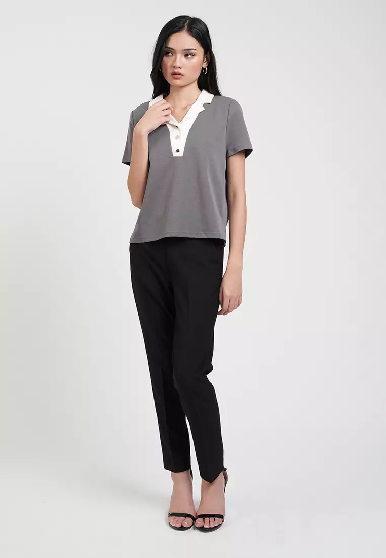 Vesper Button Placket Contrast-Collar Top