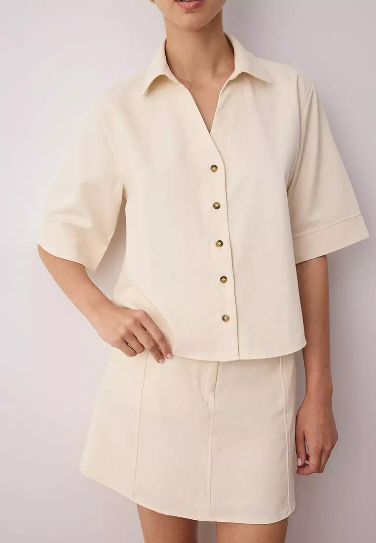 Ecru Gabardine Boxy Cotton Shirt