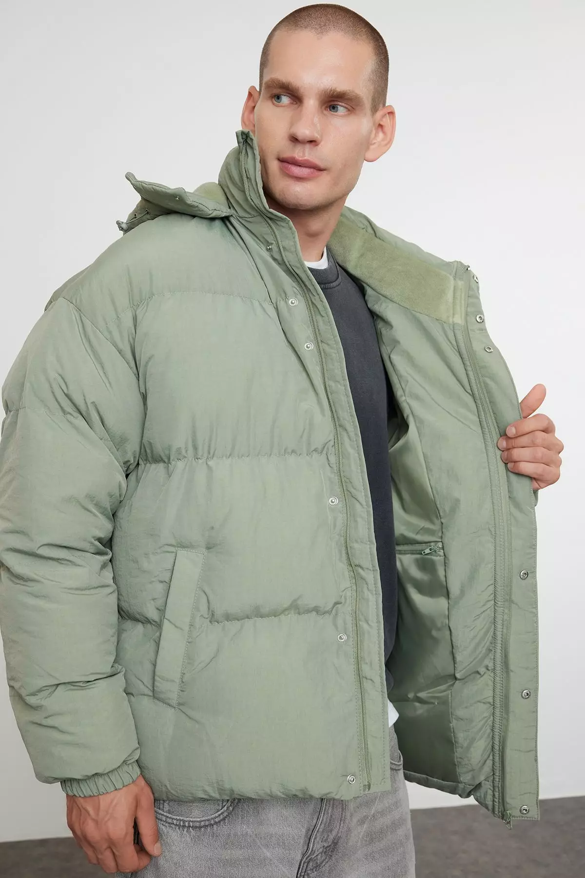 Men's Khaki Oversize Fit Hooded Taslan Winter Puffer Coat TMNAW25MO00005
