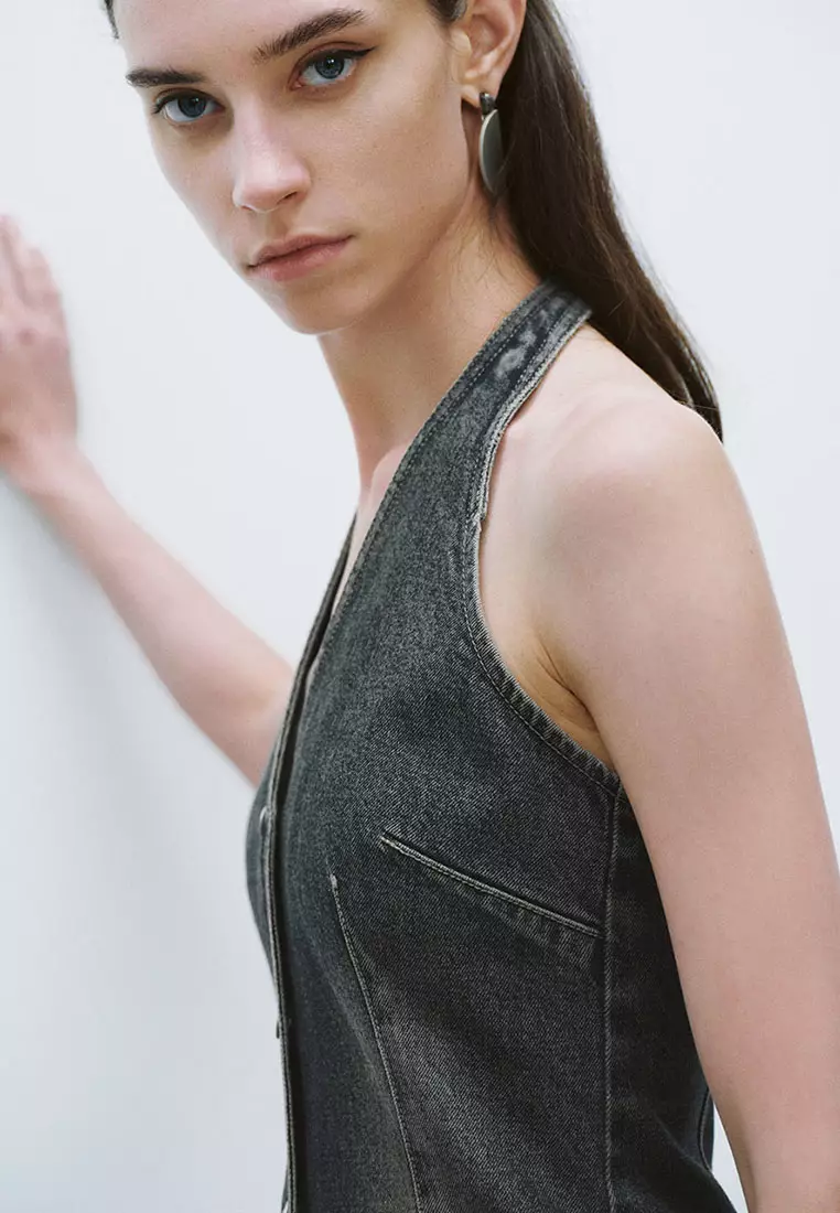 Sleeveless Halter Neck Denim Dress