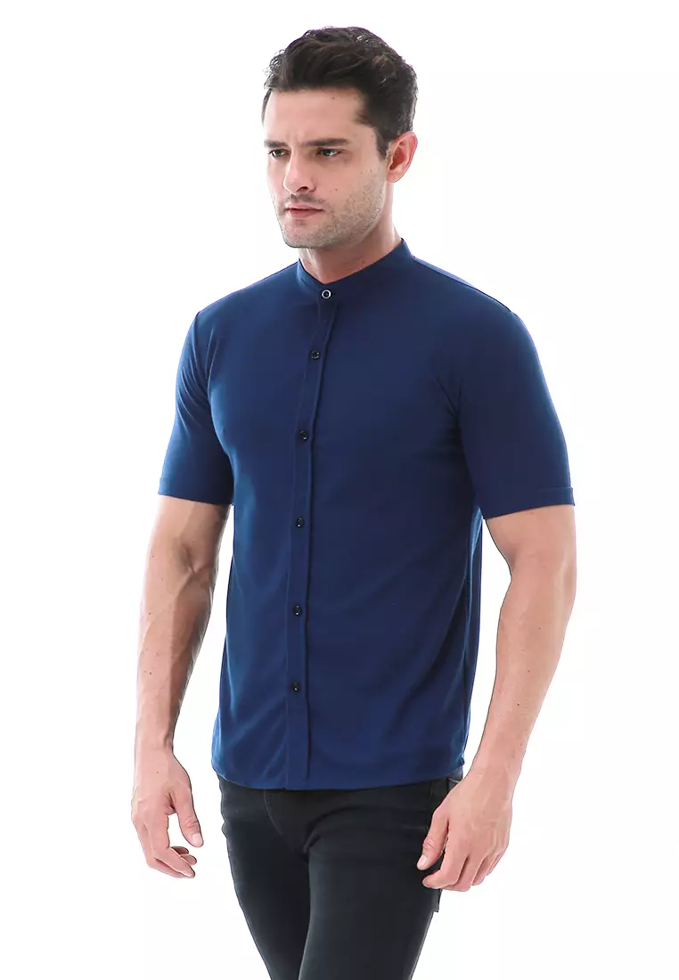Leopold Atasan Pria Kemeja Kasual Slim Fit Lengan Pendek Motif Polos Material Cotton ORIGINAL - Navy
